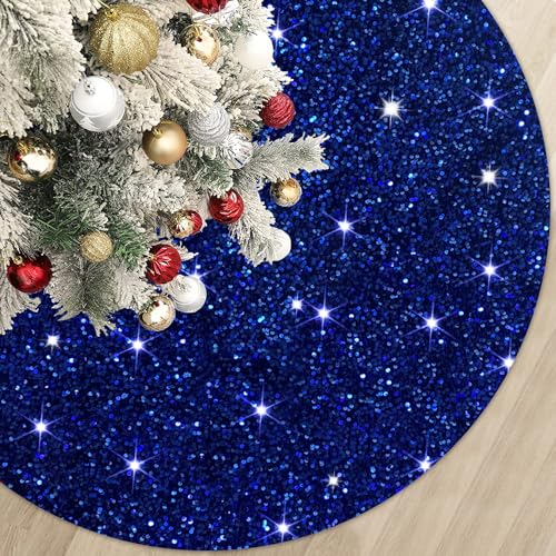 Blue Christmas Tree Skirt 46 Inches Sequin Xmas Tree Skirt Sparkly Tree Mat Round Velvet Tree Skirts Christmas Ornaments Halloween Tree Cover Skirt for Family Embroidery Metallic Tree Base Mat