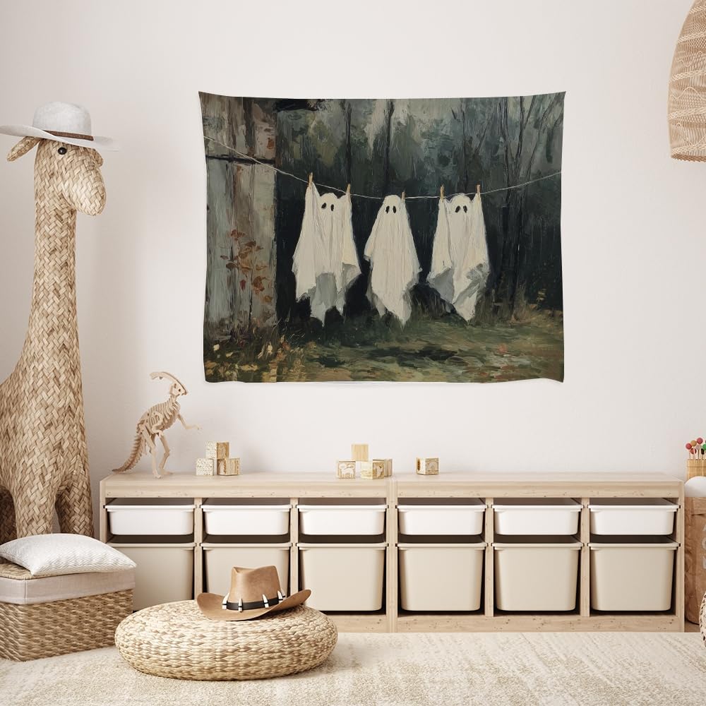 Vintage Halloween Tapestry Funny Ghosts on Clothesline Tapestry Wall Hanging Farmhouse Gothic Room Decor Spooky Ghost Prints for Dark Academia Halloween Party House Decoration Tapestries 40x60inch