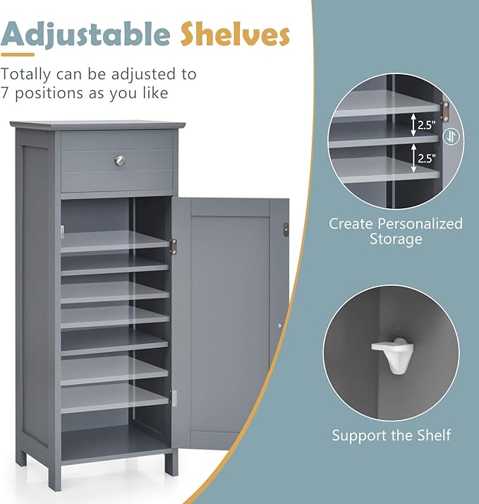 COSTWAY Bathroom Storage Cabinet, Single Door Floor Cabinet with Drawer and 3-Level Adjustable Shelves, Modern Side Storage Organizer with Anti-Tipping Device for Living Room, Bedroom (Gray)