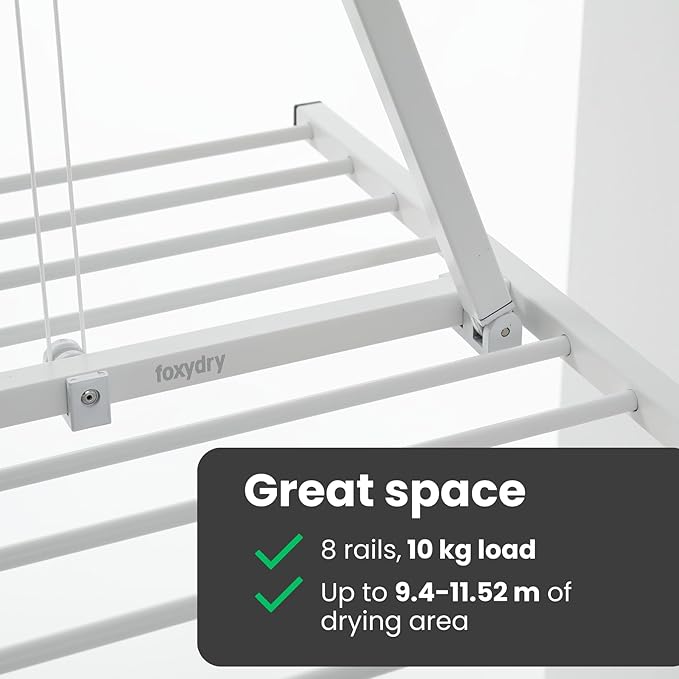 foxydry Mini, Ceiling Mounted Clothes Drying Rack, Pulley Clothesline, Vertical Folding Laundry Drying Rack 50.4x21.25x9.8 in