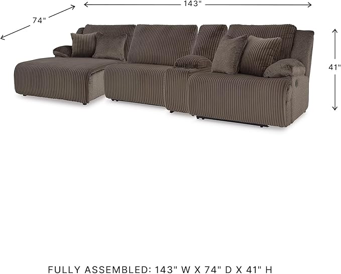 Signature Design by Ashley Top Tier Casual Manual Left-Arm Facing 4-Piece Reclining Sectional with Chaise, Console, Storage, 2 Cup Holders and 4 Accent Pillows, Dark Brown