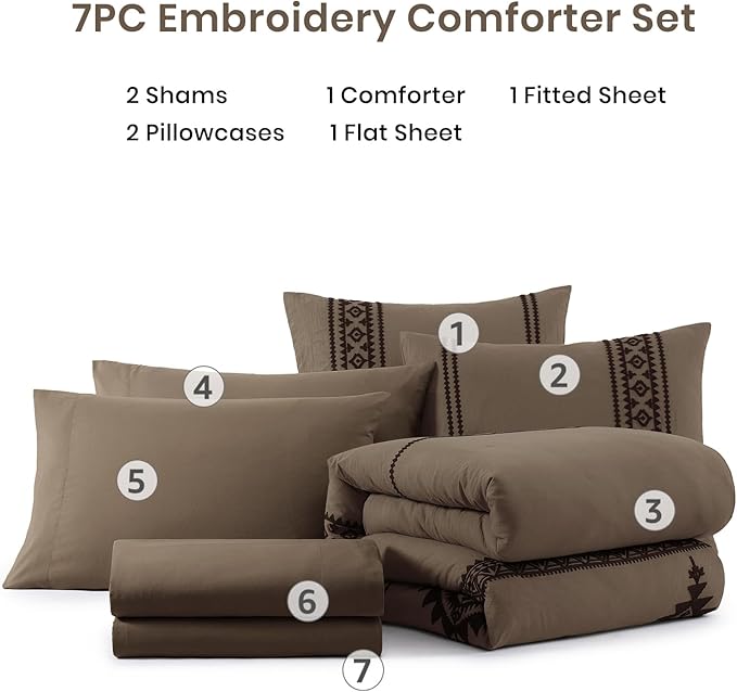 MaiRêve Embroidery Full Size Comforter Set Taupe Grey, Farmhouse Western Boho Bedding Set 7 Pieces, All Season Bed in A Bag Comforter Set with Sheets, Pillowcases & Shams