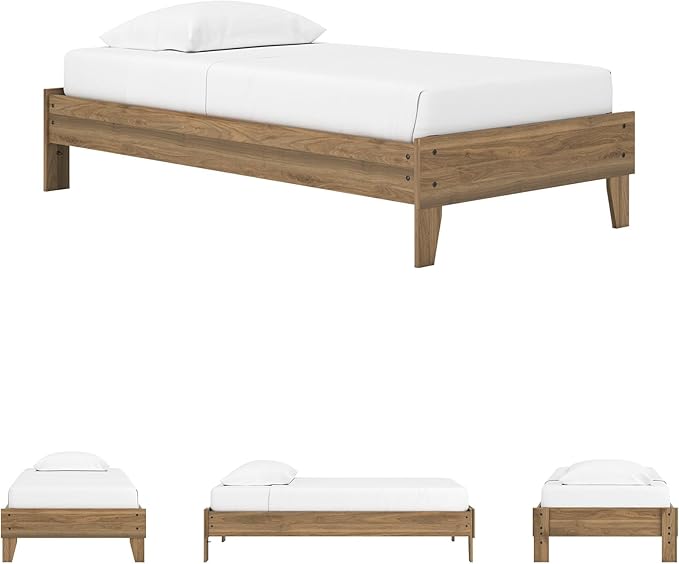 Signature Design by Ashley Deanlow Mid-Century Modern Twin Platform Bed with Metal Slats, Wood, Foundation or Box Spring Not Needed, Honey Brown (Headboard Not Included)