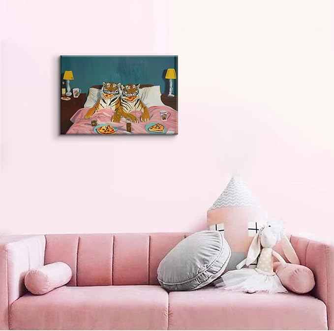 LSXARTQQ Funny Tiger Eating Pizza in Bed Wall Art Vintage Fun Tigers Couple Canvas Wall Decor Maximalist Blue Pink Jungle Animal Paintings Eclectic Whimsical Bedroom Picture Print(12x16inch)