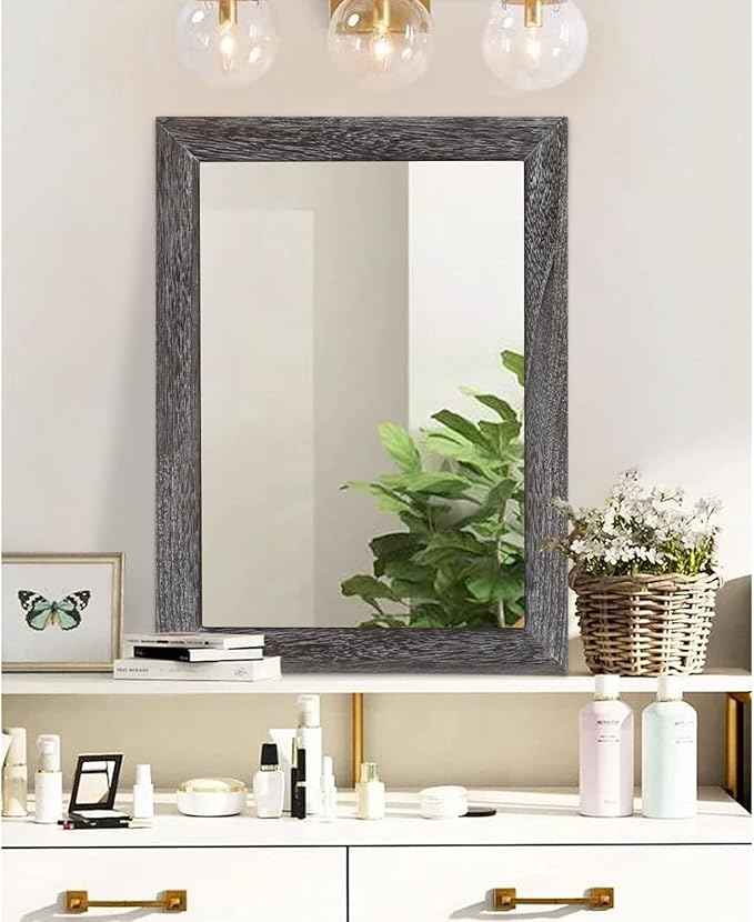 AAZZKANG Wall Mirror with Rectangle Wood Frame Large 26"x18" Rustic Decorative Hanging Mirrors for Bedroom Bathroom Living Room Home Office