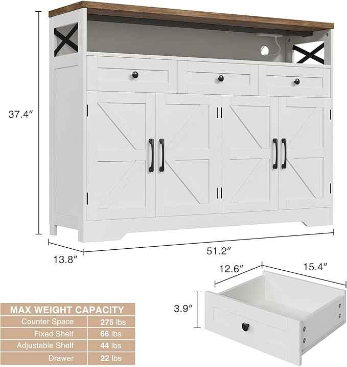Farmhouse Buffet Cabinet with Drawers & Open Shelf, Sideboard Storage Cabinet, Kitchen Hutch Pantry, Wood Coffee Bar Station for Kitchen, Living Room, Hallway, 52" L White