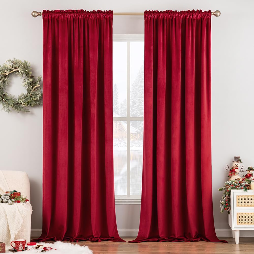 MIULEE Christmas Red Velvet Curtains Thermal Insulated Blackout Curtain Drapes for Bedroom Living Room Darkening 96 Inches Long Curtains Panels Rod Pocket Set of 2
