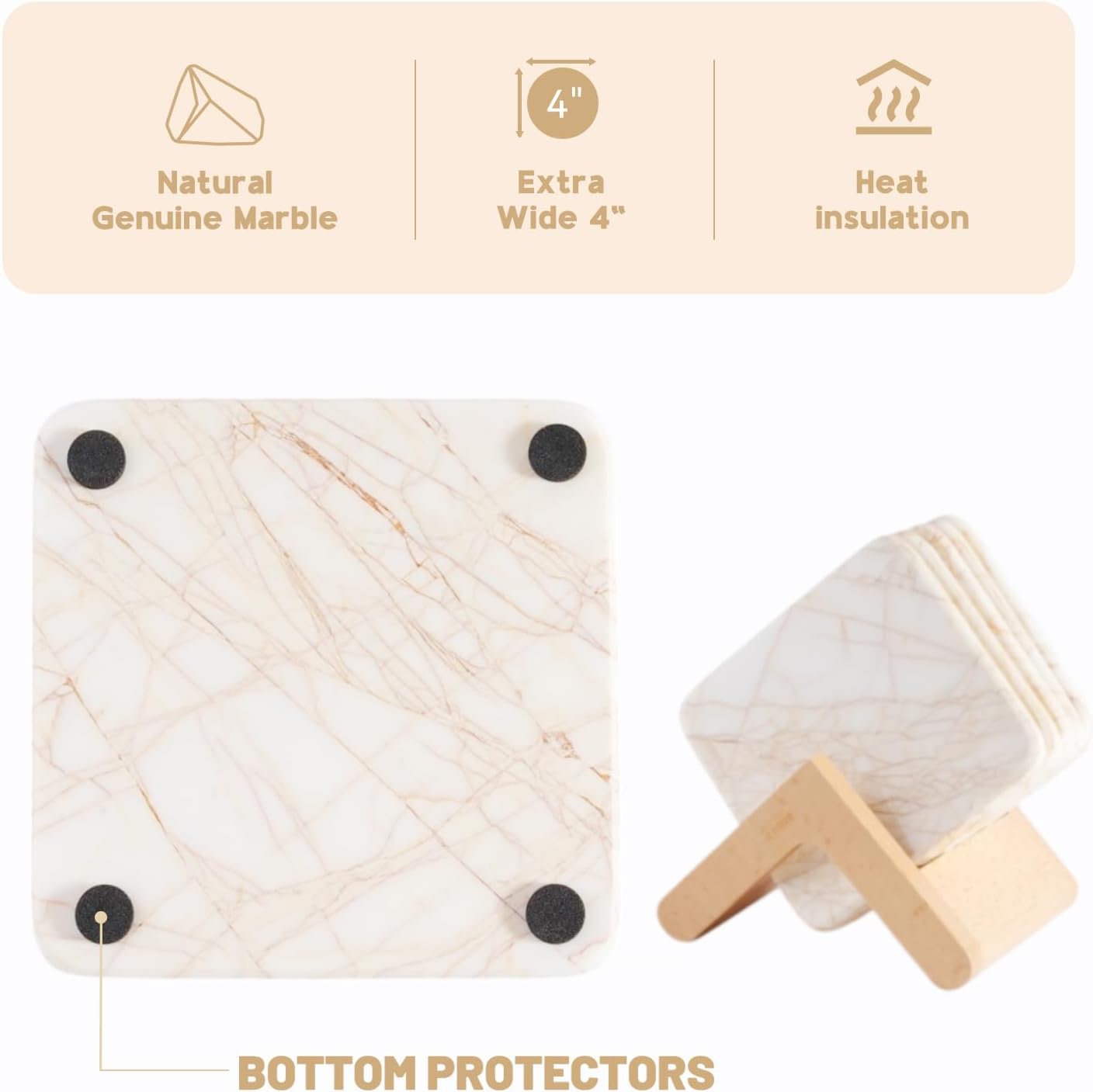 BCS Square Marble Coasters Set of 6 with Holder - Modern Stone Drink Coasters for Tables, Durable Cup Mats for Coffee, Wine, Beer - Elegant Home & Bar Decor Present