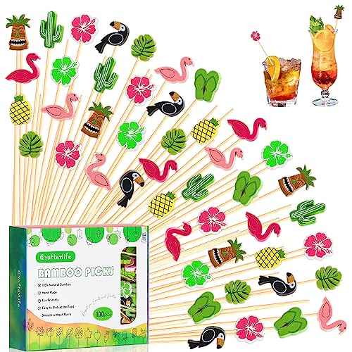 100pcs 5" Hawaii Cocktail Picks Summer Tropical Flamingo Hawaiian Theme Decoration Toothpicks Drink Fruit Sticks Food Appetizer Charcuterie Skewers for Beach Luau Tiki Themed Party Decorations (100 Count)