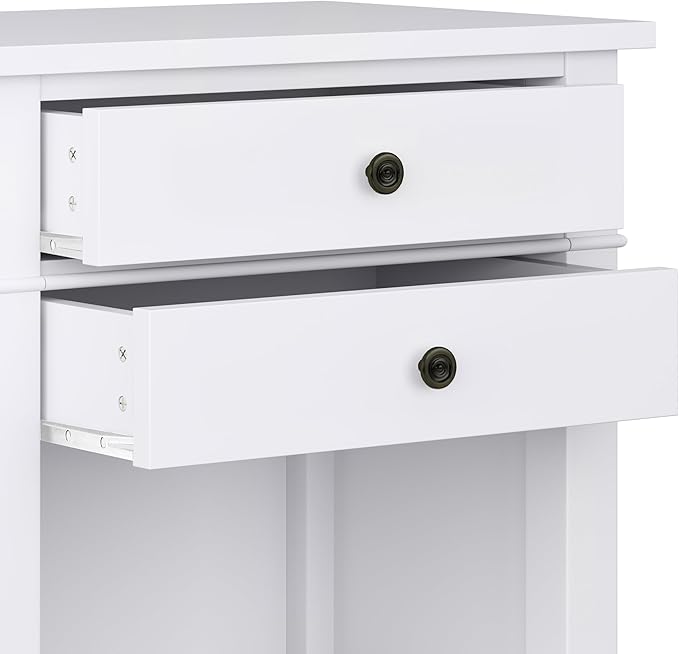 SIMPLIHOME Carlton Bedside Table - 24 inch Wide Solid Wood Nightstand Table in White, Transitional Bedroom Side or End Table with 2 Drawers, Open Storage Shelf and Bronze Hardware