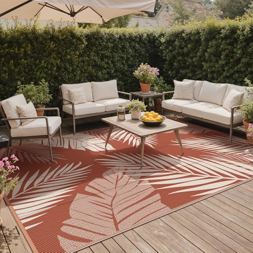 Outdoor Rug Waterproof Plastic Rugs 10'x14' for Camping Brick Red (140 Sq Ft)