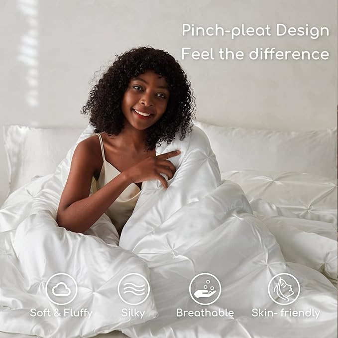 MR&HM Satin Comforter Twin 5 Pieces - Luxurious Pinch Pleat Bedding Set with Comforter, Flat Sheet, Fitted Sheet, Pillowcase & Sham, Super Silky Soft Bed Set for All Season (Twin, Ivory)
