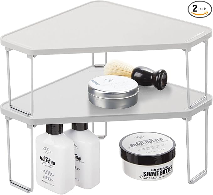 mDesign Plastic/Steel Corner Stackable Rack, Storage Organizer Shelf for Bathroom, Vanity, Countertop, Sink, Cabinet, Holds Makeup, Shower Accessories, Ligne Collection - 2 Pack - Stone Gray
