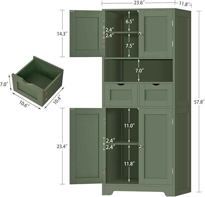Iwell 58" H Tall Bathroom Storage Cabinet with 2 Drawers & 2 Adjustable Shelves, Bathroom Cabinet with 4 Doors, Tall Cabinet for Living Room, Dining Room, Entryway, Forest Green