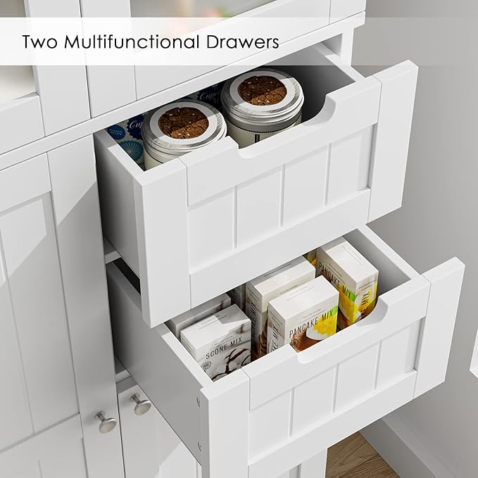 67'' Tall Bathroom Storage Cabinet, Linen Cabinet with Glass Doors and Adjustable Shelves, Kitchen Pantry with 2 Drawers for Bathroom, Living Room, Dining Room, White