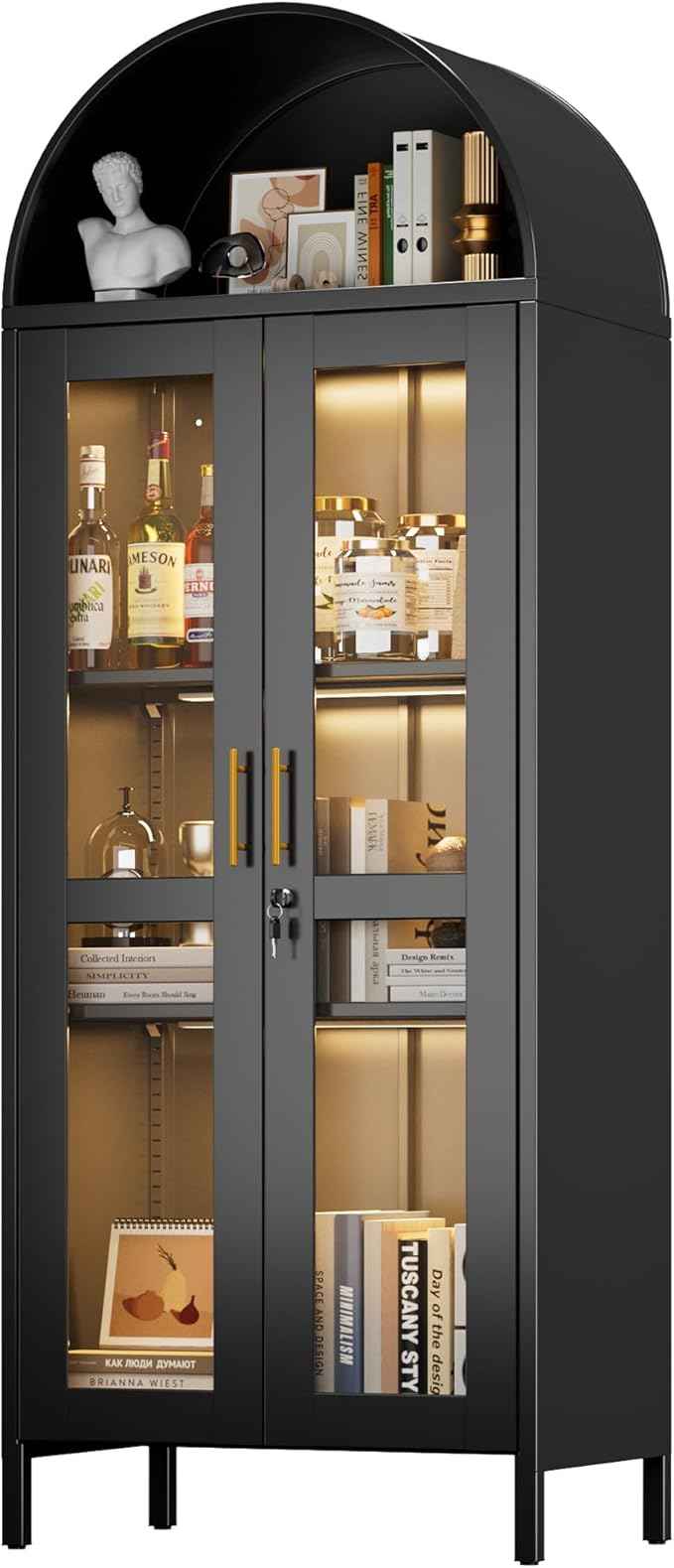 Metal Arched Display Cabinet with 3 Lights,Lockable Arch Cabinet with Glass Doors and 2 Adjustable Shelf for Home Office,Assembly Required,Black