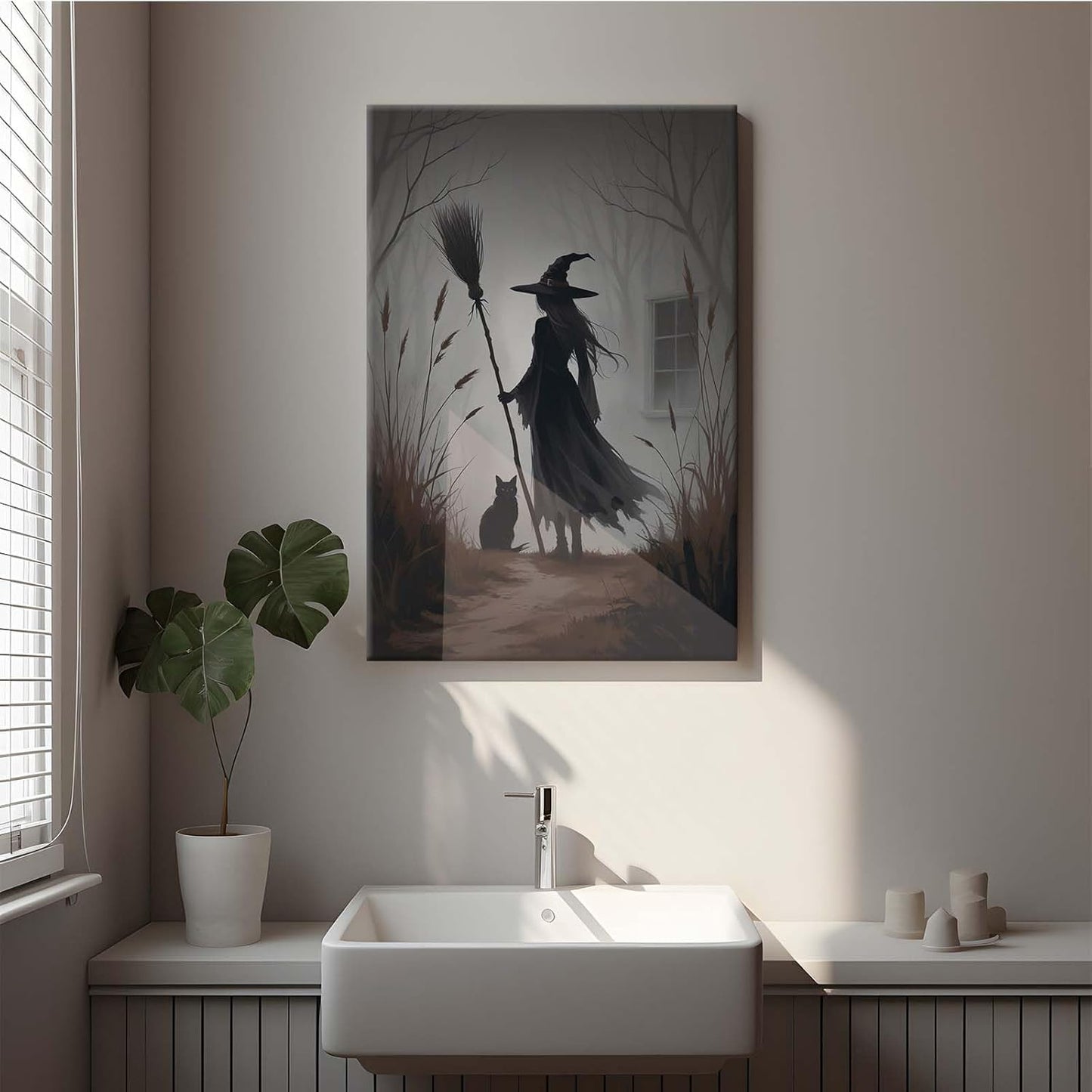 JFHCQJPK Vintage forest witch and black cat poster Halloween mural poster decoration mural art magic suitable for home living room bedroom28x40in Frameless