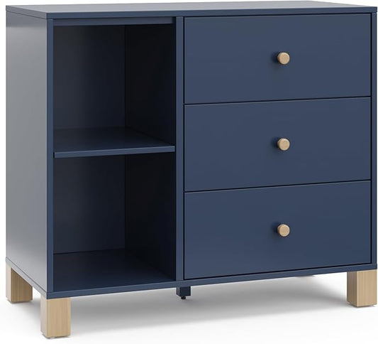 Storkcraft California 3 Drawer Combo Dresser (Midnight Blue with Driftwood) – GREENGUARD Gold Certified, Interlocking Drawer System, Pre-Installed Drawer Tracks for Easier Assembly, Spacious Cabinet