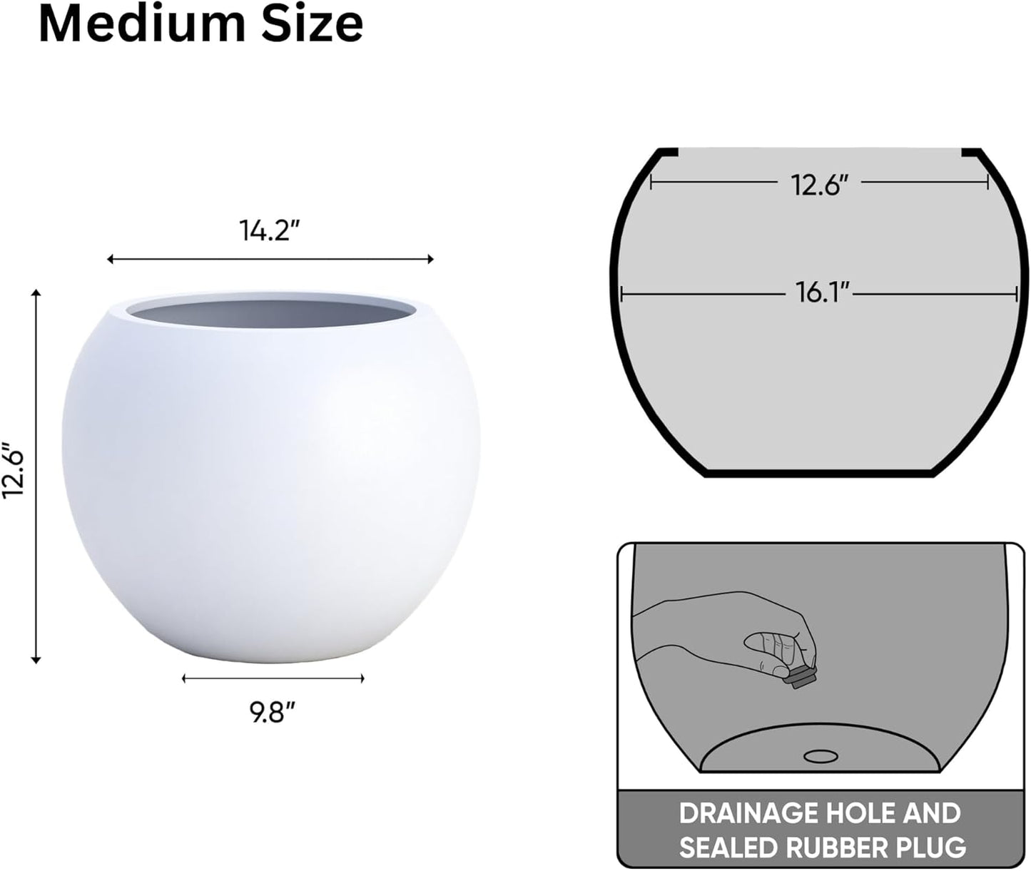DTY Signature Mount Sherman Lightweight Durable Modern Fiberstone Sphere Planter for Indoor & Outdoor Drainage Hole & Rubber Plug Weather Resistant, 13.5" H x 17" Dia, 12" Opening - Medium, White