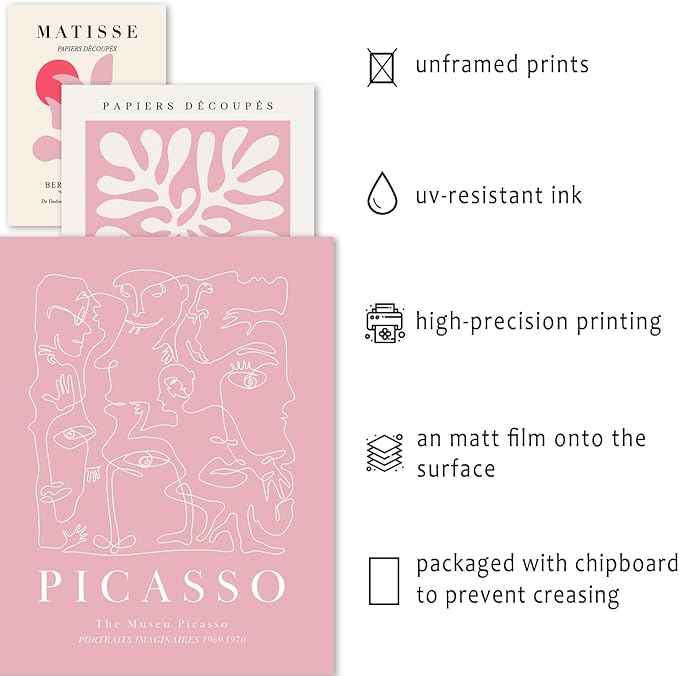 16 PCS Pink Wall Art Decor, Matisse Gallery Wall Prints for Bedroom, Light Pink Posters for Room Aesthetic, Collage Kit Pictures for Living Room, Teen Girls Dorm Home Artwork