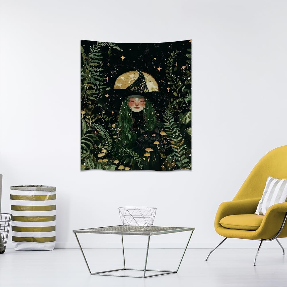 Moon Witch Tapestry Wall Hanging Mystical Botanical Green Print Dark Forest Witchy Decor Gothic Magical Black Cat and Moon Tapestries for Bedroom Living Room Dorm Decoration Aesthetic 30x40inch