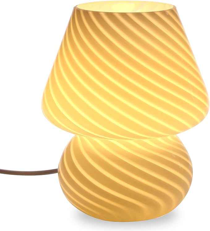 BSOD Mushroom Lamp,Glass Table Bedside Lamps Translucent Murano Vintage Style Striped Small Night Mushroom Decor Light Swirl for Ambient,Kids,Bedroom,Living,Girl Gift (Stripe White)