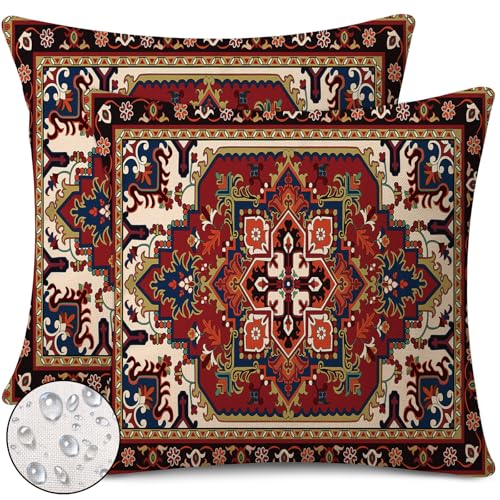Outdoor Waterproof Pillow Covers 18x18 Inch Red Floral Bohemian Vintage Carpet Pattern Ethnic Design Decorative Farmhouse Cushion Cases for Sofa Couch Garden Balcony Set of 2 (8 Count)