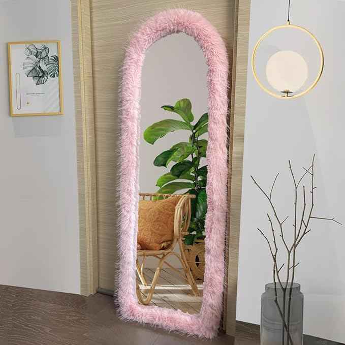 Fluffy Mirror Cover - 59"x16" Full Length Stretch Universal Ultra Soft Non-Slip Cover Warm Home Decor for Bedroom Cloakroom (Pink-Without Mirror, Suitable for 59"×16")