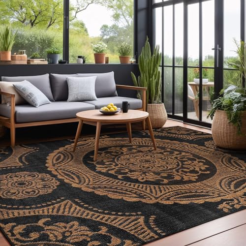 Medallion Outdoor Rug 6x9 Washable Outside Carpet for Indoor Patio Porch Waterproof Easy Cleaning Non Shedding Area Rugs Nut Brown 6 x 9