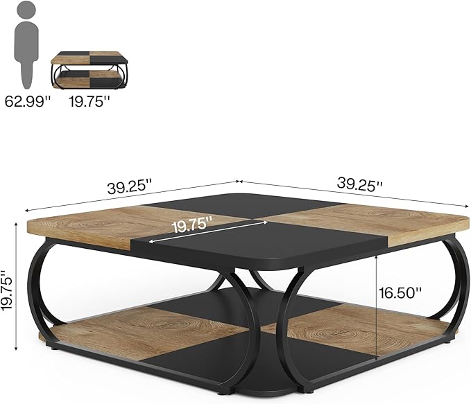Tribesigns Square Coffee Table with Open Storage Shelf for Living Room, 39 Inch Large Wood Center Table 2 Tier Low Coffee Tables Farmhouse Tea Table with Metal Frame for Home Office, Black Light Brown
