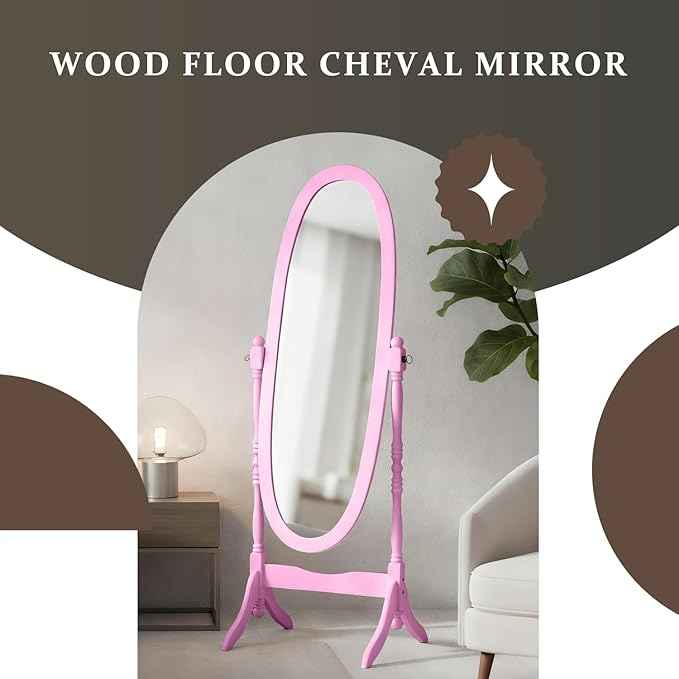 Full Length Mirror with Stand, Vintage Style Wood Floor Cheval Mirror, Traditional Adjustable Free Standing Mirrors Full Length (Pink)
