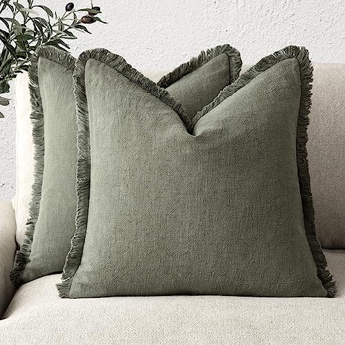 Decorative Linen Fringe Throw Pillow Covers 26×26 Olive Green (2 Count)