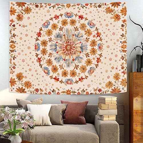 Boho Floral Mandala Tapestry Wall Hanging Watercolor Bohemian Flower Medallion Tapestry Aesthetic Beige Orange Hippie Indian Small Tapestries for Bedroom Living Room Dorm Decor 48 x 36 Inch
