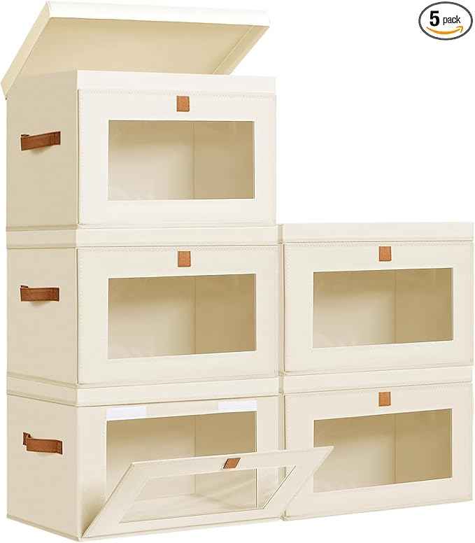 DIMJ Storage Bins with Lids - 5 Pack Large Fabric Closet Organizer with Window & Handles, Collapsible Decorative Storage Boxes for Shelves Under Bed, Books Clothes Blankets Sweaters Organization