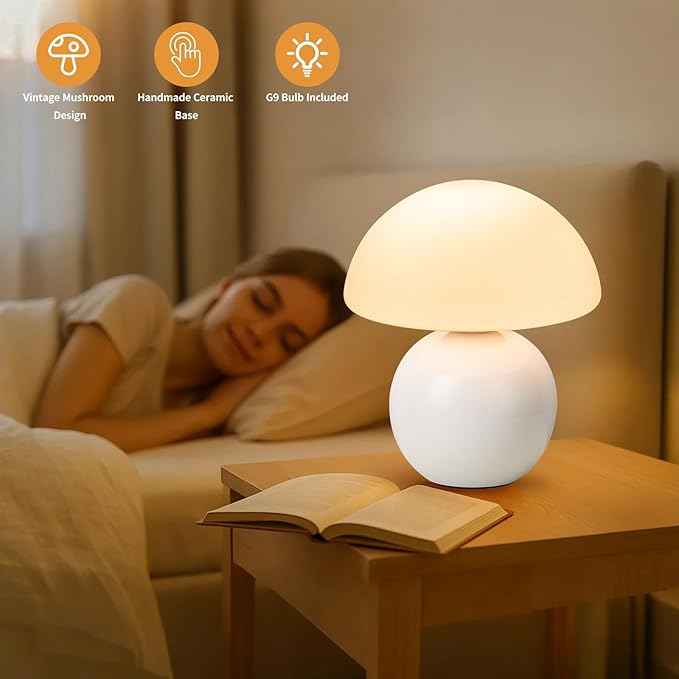 Mushroom Table Lamp, Ceramic Base with Milky White Glass Shade, Vintage Dimmable Bedside Nightstand Lamp for Bedroom, Reading, Home Décor, Gift for Friends White