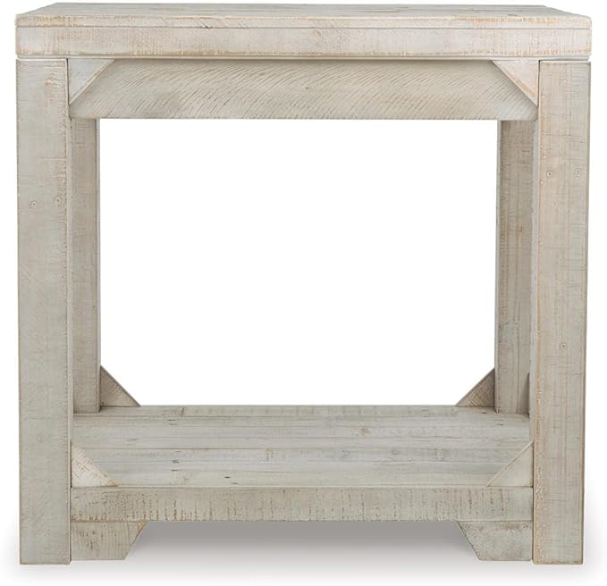Signature Design by Ashley Fregine Farmhouse Rectangular End Table with Lower Open Shelf, Triangle Bracket Accents, Wood, 25.25" High, Weathered White