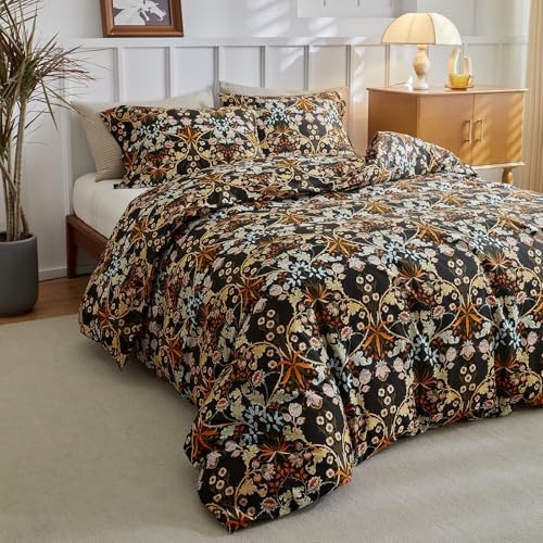 Queen Comforter Set Vintage Paisley Floral Comforter Set with Flowers Leaves Pattern Fluffy Soft Vibrant Bohemian Floral Bedding Set Cottagecore Botanical Flowers Comforter with 2 Pillow Shams