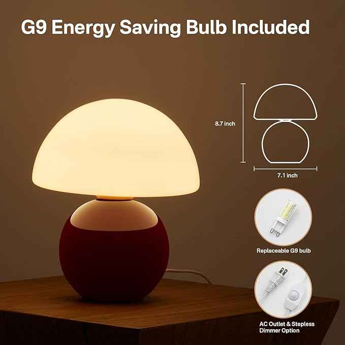 Mushroom Lamp Table Lamp for Bedroom,Desk Bedside Small Lamps for Living Room Night Stands,Mushroom Decor Cute Mini Modern Mid Century Lamps,Unique Aesthetic Home Living Room Decor(Wine Red)