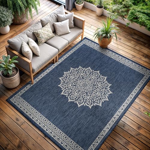 Outdoor Rug 10x14 Medallion Blue Modern Large Area Rugs for Indoor and Outdoor Patios Kitchen and Hallway Mats Washable Porch Deck Outside Carpet (140 Sq Ft)