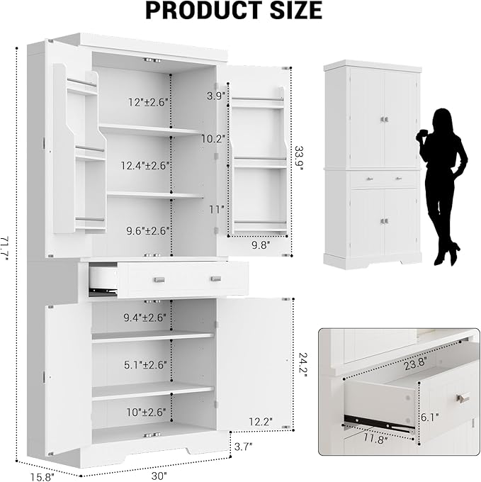 72" Tall Kitchen Pantry Cabinet with 6 Door Shelves, 2 Cabinets & 4 Adjustable Shelves, Freestanding Storage Cabinet for Kitchen, Living Room, Dining Room, White
