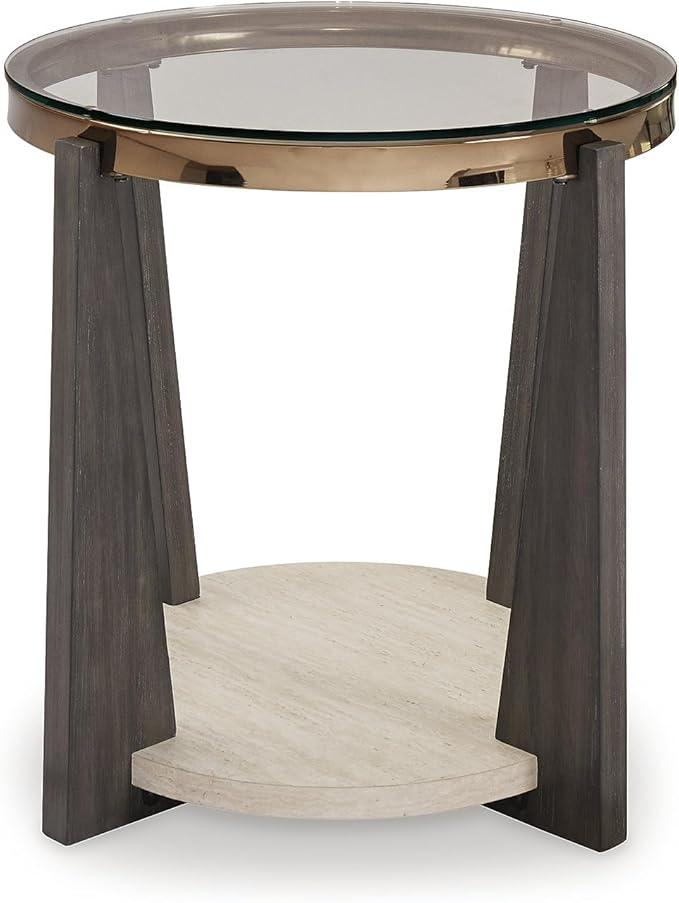 Signature Design by Ashley Frazwa Modern Glass-Tabletop End Table with Open Lower Shelf, Dark Brown & Beige