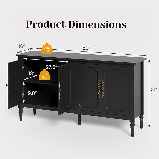 RoyalCraft Buffet Sideboard Table 2 pcs, 59'' Mid Century Modern Console Table, Media Cabinet with 4 Doors, Accent Cabinet Wood Sideboard, for Entryway, Living Room, Dining Room, Satin Black