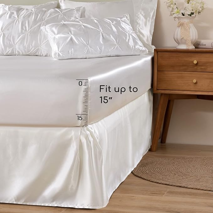 MR&HM Satin Comforter Twin XL 5 Pieces - Luxurious Pinch Pleat Bedding Set with Comforter, Flat Sheet, Fitted Sheet, Pillowcase & Sham, Super Silky Soft Bed Set for All Season (Twin XL, Ivory)