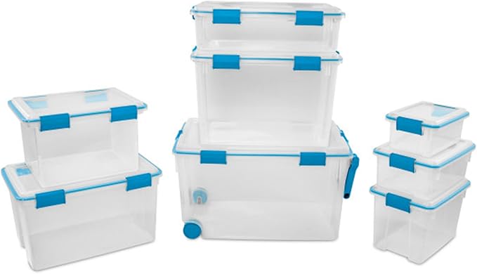 Sterilite 4-Pack Gasket Box, Home Storage Organizer Bins with Lids, 37 Quart – Stackable Clear Plastic Containers for Bedroom, Bathroom, Garage, Basement, or Attic