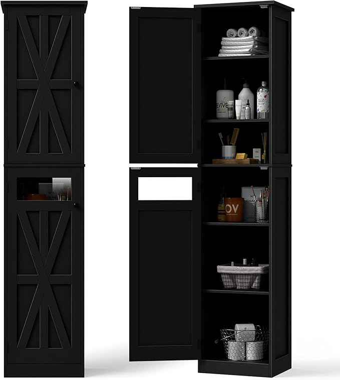 Vabches Tall Bathroom Cabinet, Slim Bathroom Storage Cabinet with Adjustable Shelves and 2 Doors, Narrow Floor Storage Cabinet for Bathrooms, Kitchen, Living Room, Black