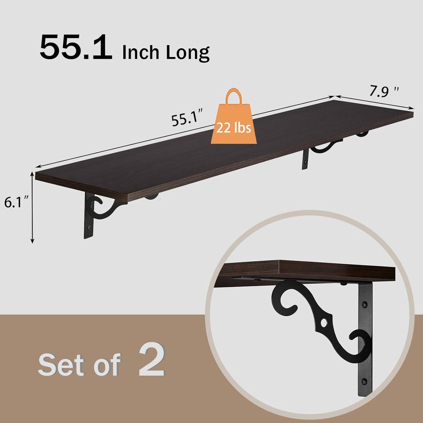 DINZI LVJ Long Wall Shelves, 55.1" Large Floating Shelves Set of 2, Wide Display Shelf Wall Mounted with Brackets, Easy Hanging for Living Room, Toilet, Office, Bedroom, Espresso
