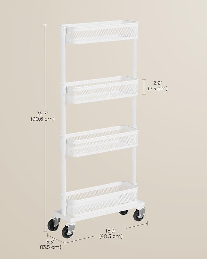 SONGMICS Slim Storage Cart, 4-Tier Metal Rolling Cart with Wheels, Flexible Baskets, Narrow Cart for Kitchen, Bathroom, Laundry Room, Easy Assembly, White UBSC065W01