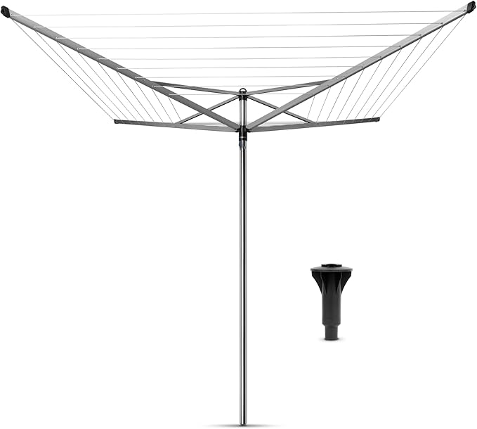 Brabantia Topspinner Outdoor 4 Arm Spinning Clothesline (131 ft/Ø 1.8") Rotating, Folding Clothes Drying Rack + Concrete Ground Tube (Gray)