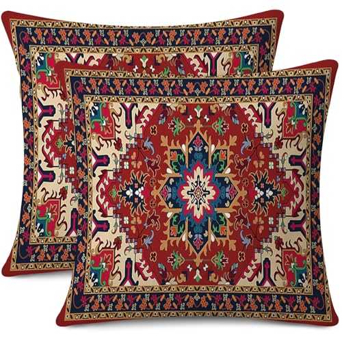 Outdoor Waterproof Throw Pillow Covers Set of 2 Tribal Abstract Colorful Floral Carpet Pattern Decorative Farmhouse Pillow Covers for Couch Sofa Patio Furniture (8 Count)