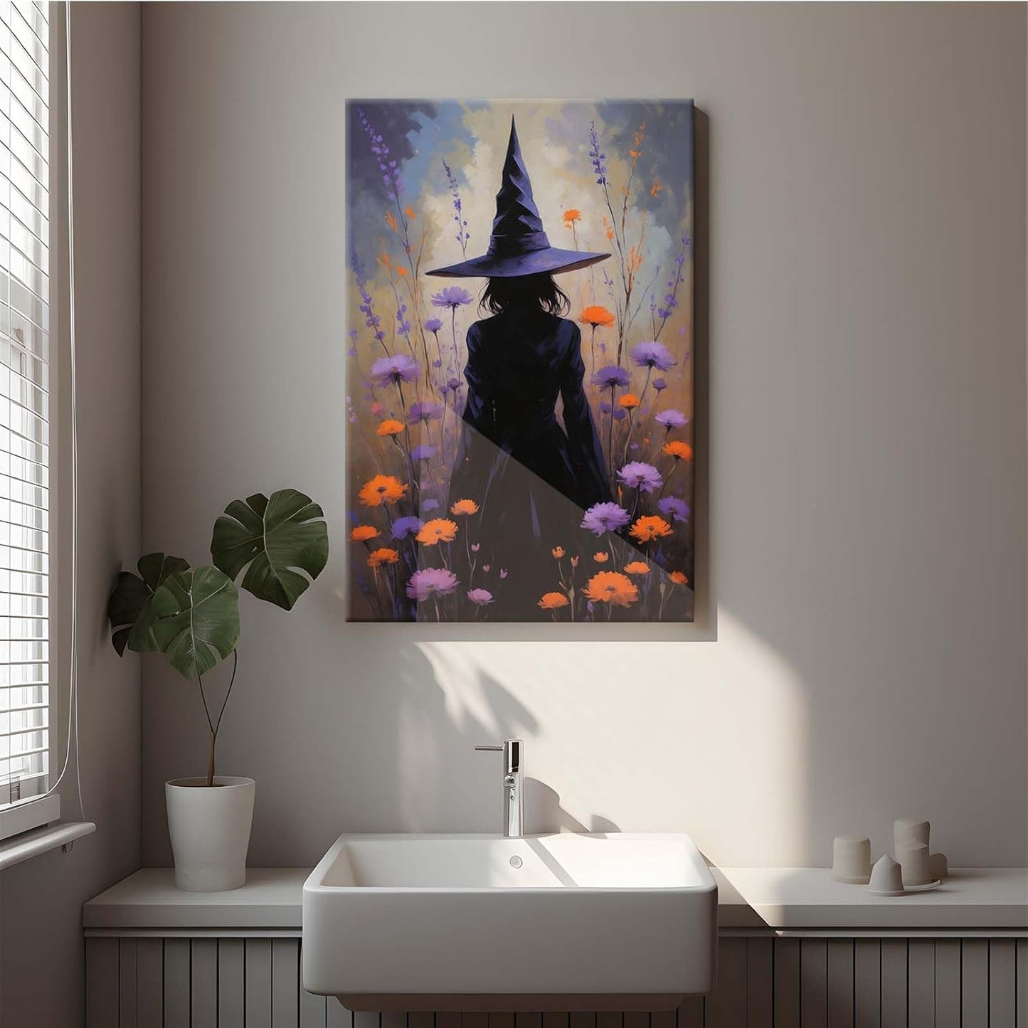 JFHCQJPK Country wildflower witch canvas print halloween mashup art witch purple decoration bohemian elegant art poster28x40in Frameless